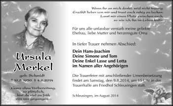 Traueranzeige von Ursula Merkel von Südthüringer Presse