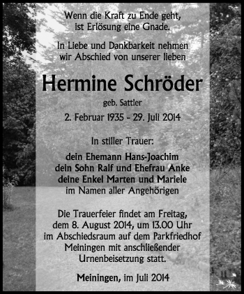 Traueranzeige von Hermine Schröder von Südthüringer Presse