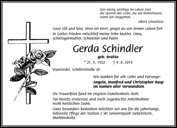 Traueranzeige von Gerda Schindler von Frankenpost