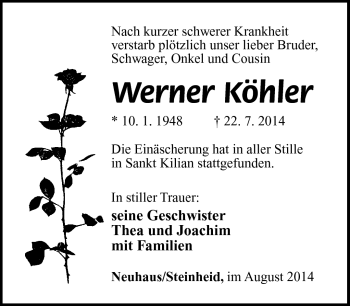 Traueranzeige von Köhler Joachim von Südthüringer Presse