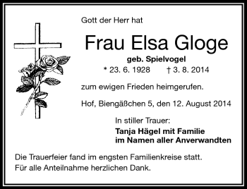 Traueranzeige von Elsa Gloge von Frankenpost