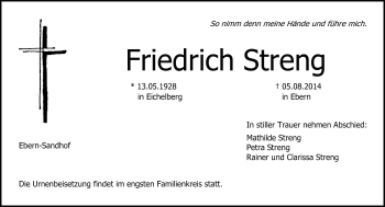 Traueranzeige von Friedrich Streng von Neue Presse Coburg