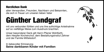 Traueranzeige von Günther Landgraf von Südthüringer Presse