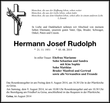 Traueranzeige von hermann Rudolph von Südthüringer Presse