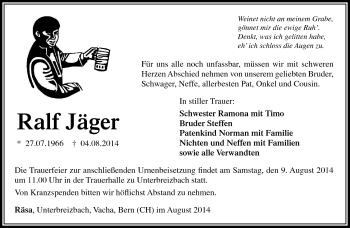 Traueranzeige von Ralf Jäger von Südthüringer Presse