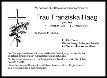 Traueranzeige von Franziska Haag von Frankenpost