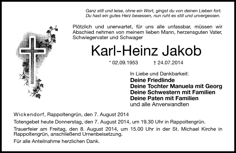  Traueranzeige für Karl-Heinz Jakob vom 07.08.2014 aus Neue Presse Coburg