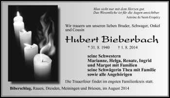 Traueranzeige von Hubert Bieberbach von Südthüringer Presse