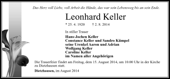 Traueranzeige von Leonhard Keller von Südthüringer Presse