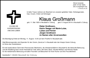 Traueranzeige von Klaus Großmann von Neue Presse Coburg