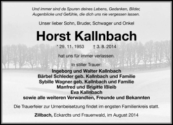 Traueranzeige von Horst Kallnbach von Südthüringer Presse