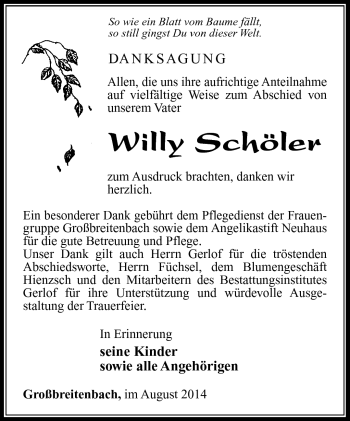 Traueranzeige von Willy Schöler von Südthüringer Presse