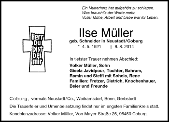 Traueranzeige von Ilse Müller von Neue Presse Coburg