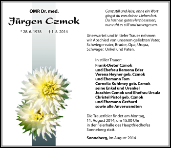 Traueranzeige von Jürgen Czmok von Südthüringer Presse