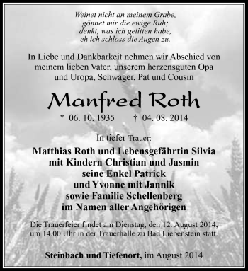 Traueranzeige von Manfred Roth von Südthüringer Presse