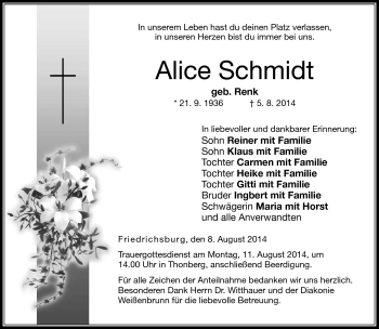 Traueranzeige von Alice Schmidt von Neue Presse Coburg