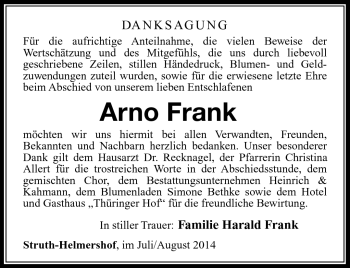 Traueranzeige von Arno Frank von Südthüringer Presse