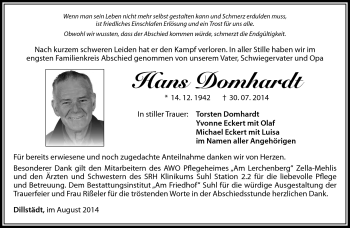 Traueranzeige von Hans Domhardt von Südthüringer Presse