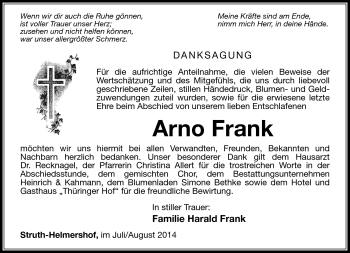 Traueranzeige von Arno Frank von Südthüringer Presse