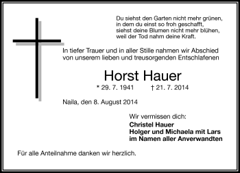 Traueranzeige von Horst Hauer von Frankenpost