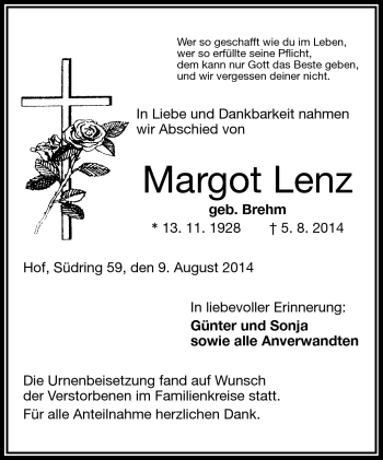Traueranzeige von Margot Lenz von Frankenpost
