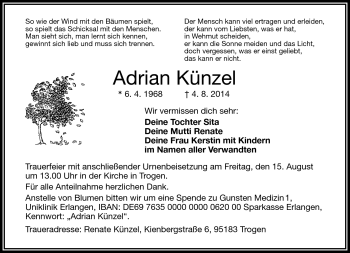 Traueranzeige von Adrian Künzel von Frankenpost