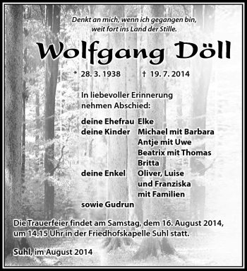 Traueranzeige von Wolfgang Döll von Südthüringer Presse