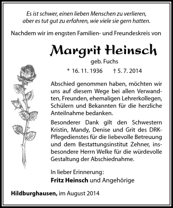 Traueranzeige von Margit Heinsch von Südthüringer Presse