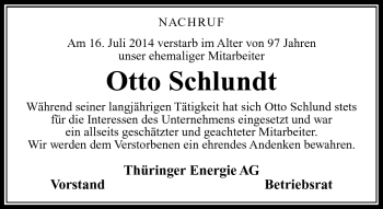 Traueranzeige von Otto Schlundt von Südthüringer Presse