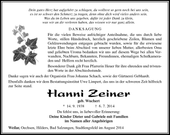 Traueranzeige von Hanni Zeiner von Südthüringer Presse