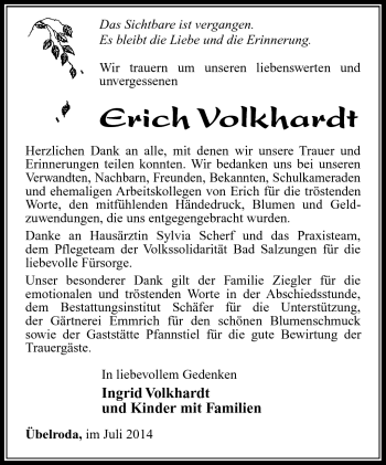 Traueranzeige von Erich Volkhardt von Südthüringer Presse