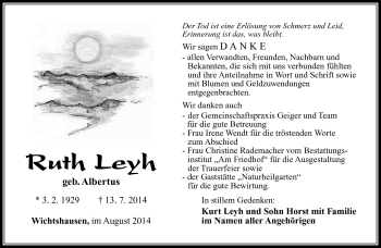 Traueranzeige von Ruth Leyh von Südthüringer Presse