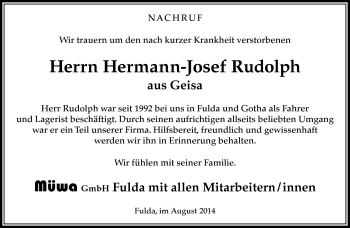 Traueranzeige von Hermann Josef Rudolph von Südthüringer Presse