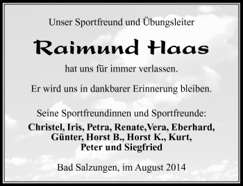 Traueranzeige von Raimund Haas von Südthüringer Presse