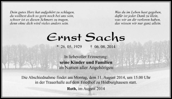 Traueranzeige von Ernst Sachs von Südthüringer Presse