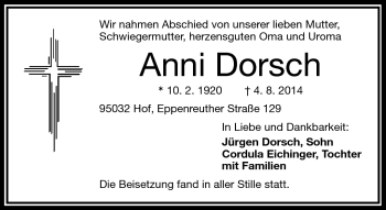 Traueranzeige von Anni Dorsch von Frankenpost