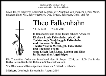 Traueranzeige von Theo Falkenhahn von Südthüringer Presse