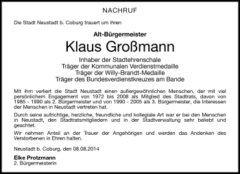 Traueranzeige von Klaus Großmann von Neue Presse Coburg
