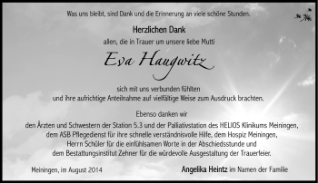 Traueranzeige von Eva Haugwitz von Südthüringer Presse