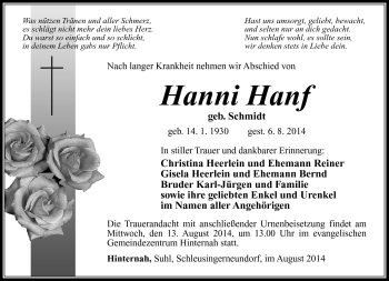 Traueranzeige von Hanni Hanf von Südthüringer Presse