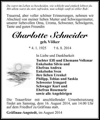Traueranzeige von Charlotte Schneider von Südthüringer Presse