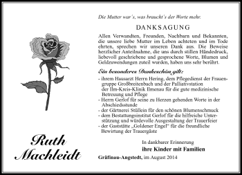 Traueranzeige von Ruth machleidt von Südthüringer Presse