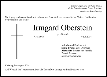 Traueranzeige von Irmgard Oberstein von Neue Presse Coburg