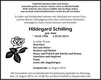 Traueranzeige von Hildegard Schilling von Südthüringer Presse