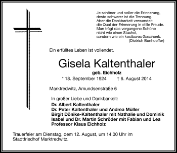 Traueranzeige von Gisela Kaltenthaler von Frankenpost