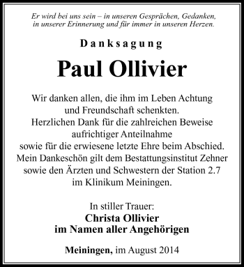 Traueranzeige von Paul Ollivier von Südthüringer Presse
