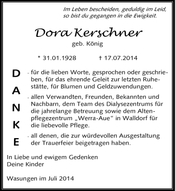 Traueranzeige von Dora Kerschner von Südthüringer Presse
