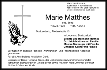 Traueranzeige von Marie Matthes von Frankenpost