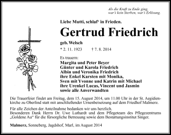 Traueranzeige von Gertrud Friedrich von Südthüringer Presse