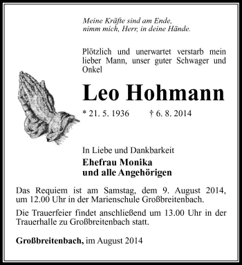 Traueranzeige von Leo Hohmann von Südthüringer Presse